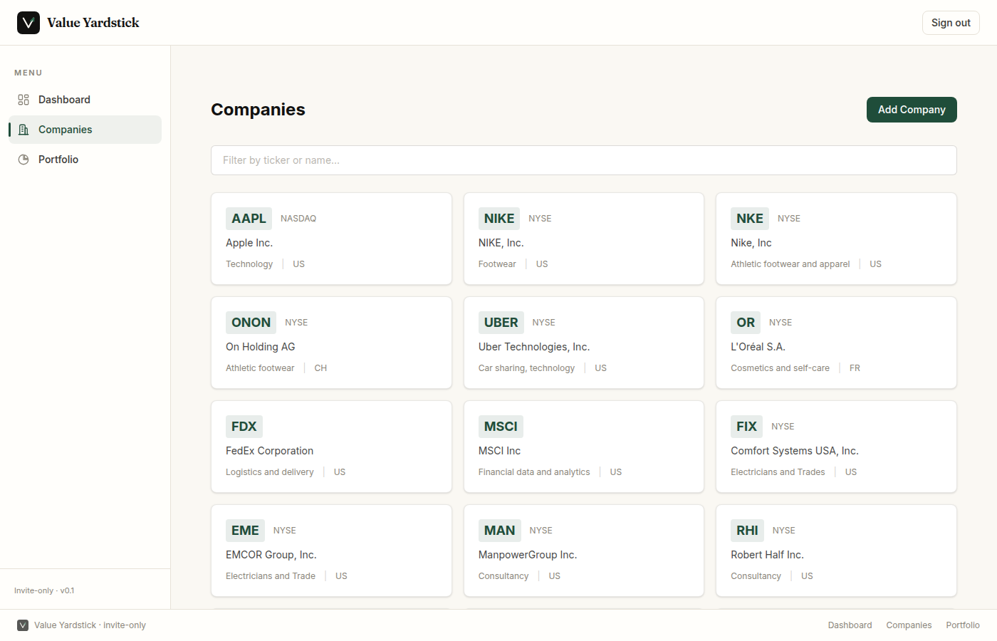 Companies list showing NKE, ONON, MYRG, AVGO and more with Add Company button